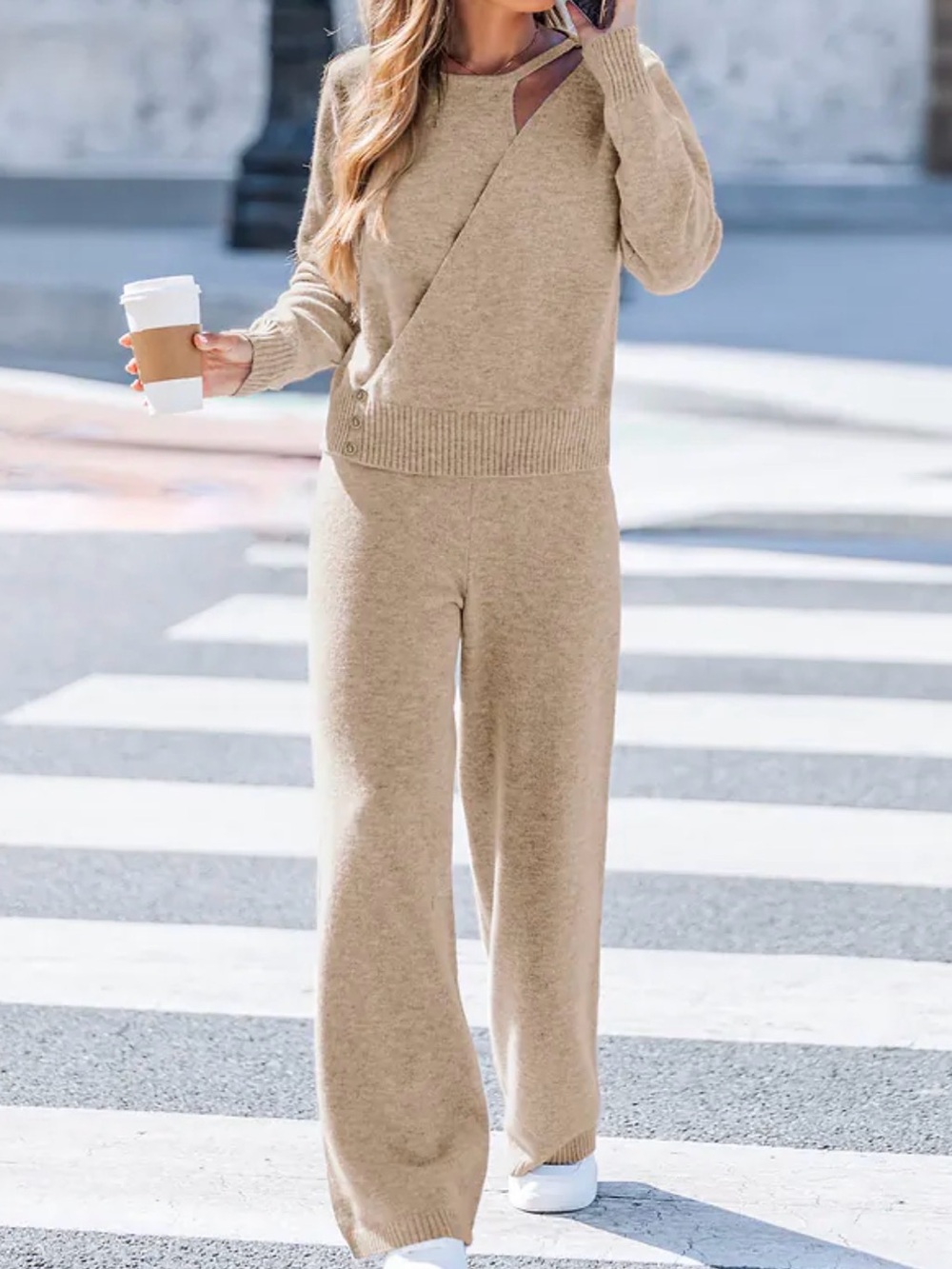 Cupshe Neutral Beige Wide-Leg Knit Set